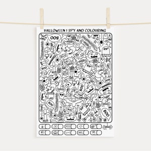 May include: Black and white printable Halloween I Spy and Coloring activity sheet with a variety of spooky characters and objects, including ghosts, bats, spiders, pumpkins, and skulls. The sheet includes a checklist of items to find.