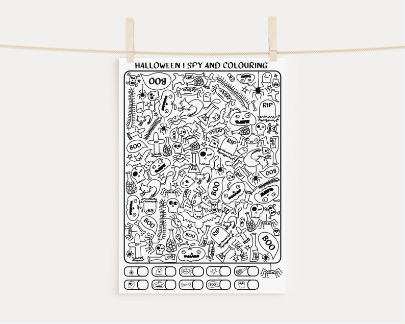 May include: Black and white printable Halloween I Spy and Coloring activity sheet with a variety of spooky characters and objects, including ghosts, bats, spiders, pumpkins, and skulls. The sheet includes a checklist of items to find.