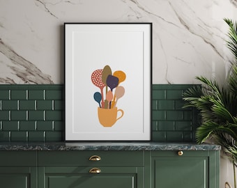 Arte de pared imprimible con taza y utensilios de cocina, descarga instantánea