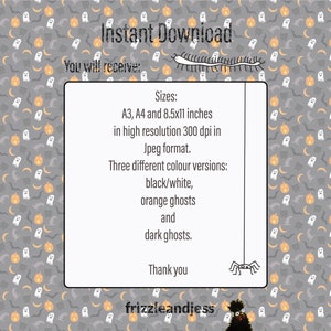 May include: Instant download digital printable Halloween paper pack with ghosts and pumpkins on a gray background. The paper pack includes three different color versions: black and white, orange ghosts, and dark ghosts. The paper pack is available in three sizes: A3, A4, and 8.5x11 inches. The paper pack is in high resolution 300 dpi in JPEG format.