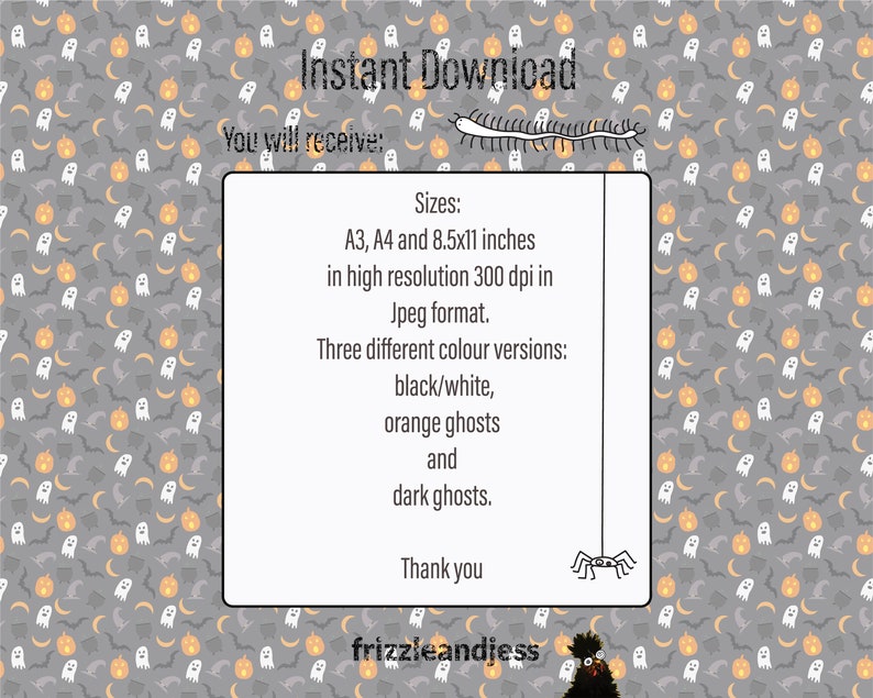 May include: Instant download digital printable Halloween paper pack with ghosts and pumpkins on a gray background. The paper pack includes three different color versions: black and white, orange ghosts, and dark ghosts. The paper pack is available in three sizes: A3, A4, and 8.5x11 inches. The paper pack is in high resolution 300 dpi in JPEG format.