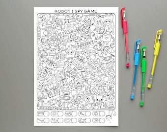 Robot I Spy Game and Colouring / Printable Page / Instant Download