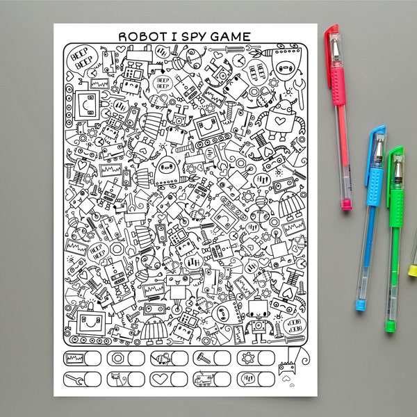 Robot I Spy Game and Colouring / Printable Page / Instant Download