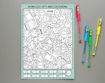 Monster I Spy Game and Colouring Printable, Instant Download Kids Activity