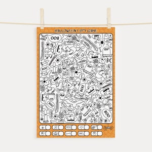 May include: A black and white Halloween-themed I Spy game with an orange background. The game features a variety of Halloween characters and objects, including ghosts, pumpkins, bats, spiders, and candy corn. The game includes a checklist of items to find.