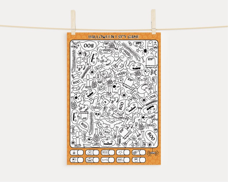 May include: A black and white Halloween-themed I Spy game with an orange background. The game features a variety of Halloween characters and objects, including ghosts, pumpkins, bats, spiders, and candy corn. The game includes a checklist of items to find.