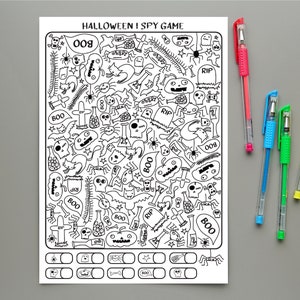 May include: A black and white printable Halloween I Spy game with a variety of spooky characters and objects. The game includes a grid with 12 squares for players to mark off the items they find.