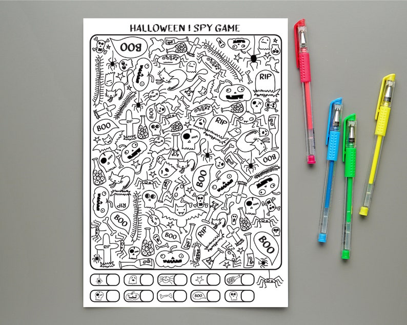 May include: A black and white printable Halloween I Spy game with a variety of spooky characters and objects. The game includes a grid with 12 squares for players to mark off the items they find.