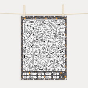 May include: A black and white Halloween-themed printable I Spy game with a gray background. The game features a variety of Halloween-themed images, including ghosts, bats, pumpkins, spiders, and candy corn. The text "HALLOWEEN! I SPY GAME" is printed at the top of the page.