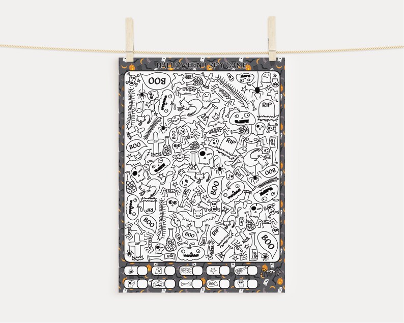 May include: A black and white Halloween-themed printable I Spy game with a gray background. The game features a variety of Halloween-themed images, including ghosts, bats, pumpkins, spiders, and candy corn. The text "HALLOWEEN! I SPY GAME" is printed at the top of the page.