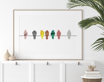 Birds on a Wire Art Print, Colourful Bird Wall Decor (Digital Download)