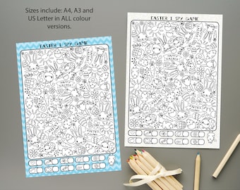 May include: Two Easter I Spy game sheets featuring black and white line art illustrations of bunnies, eggs, chicks, and flowers. The left sheet has a blue chevron border. Text reads: Sizes include: A4, A3 and US Letter in ALL colour versions.