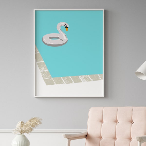Swimming Pool Printable Wall Art / Inflatable Swan Pool Art / Pool Illustration / Swimming Pool Poster / Instant Download