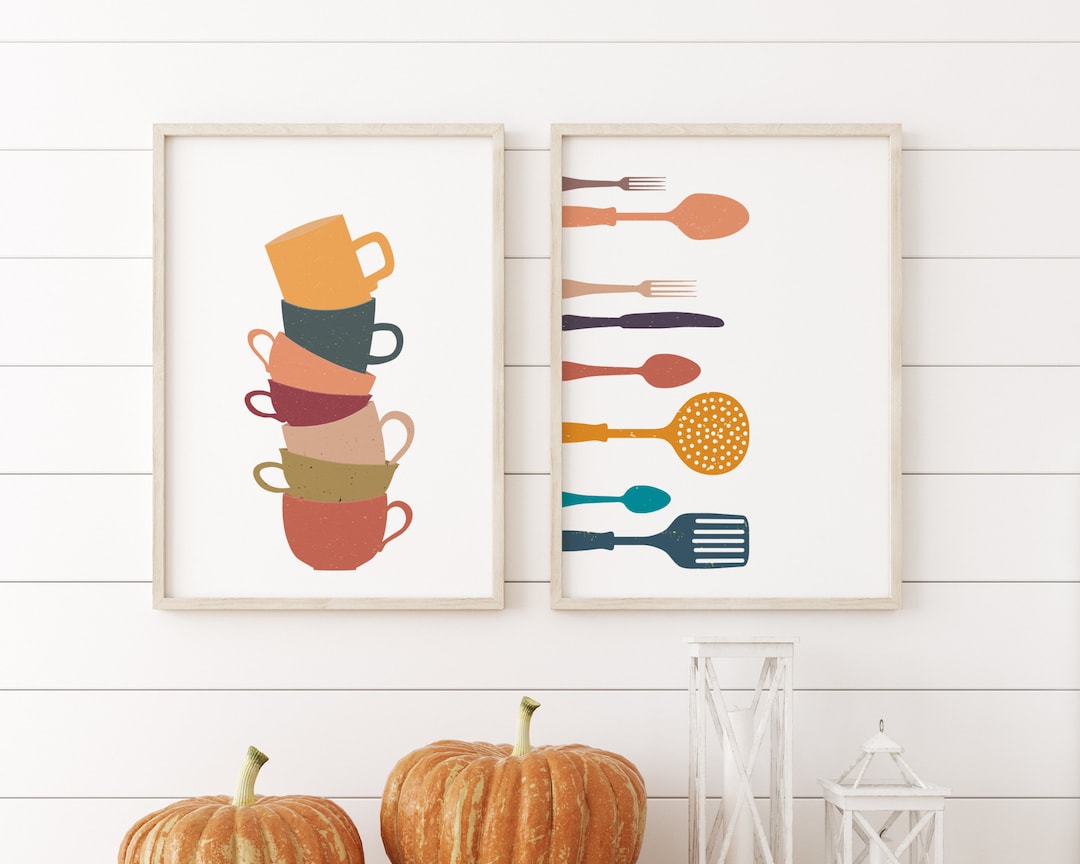 kitchen art personalized prints - utensils, cups,... Cups and Cutlery Set of Two Printable Kitchen Wall Art, Instant ...