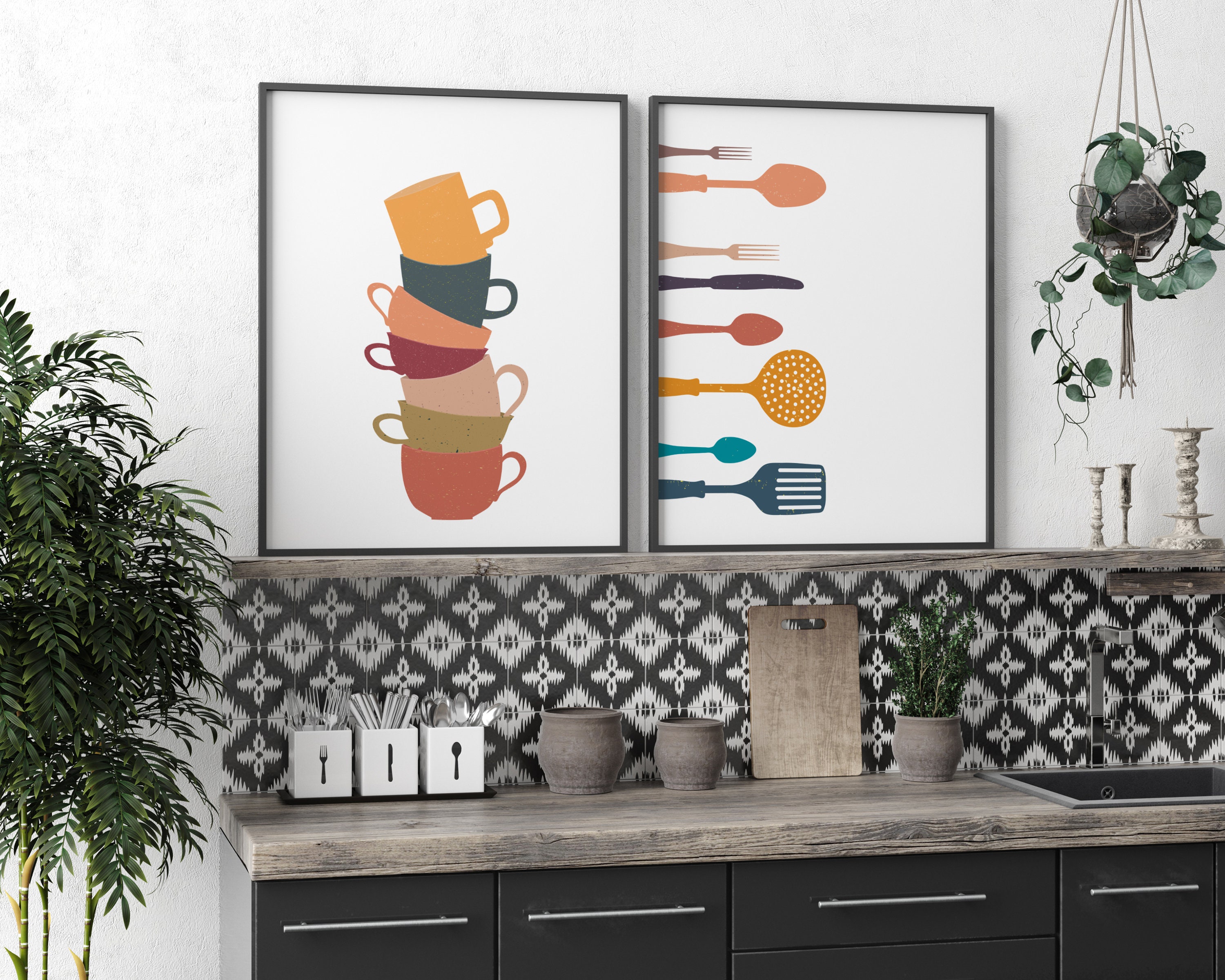 kitchen art personalized prints - utensils, cups,... Cups and Cutlery Set of Two Printable Kitchen Wall Art, Instant ...