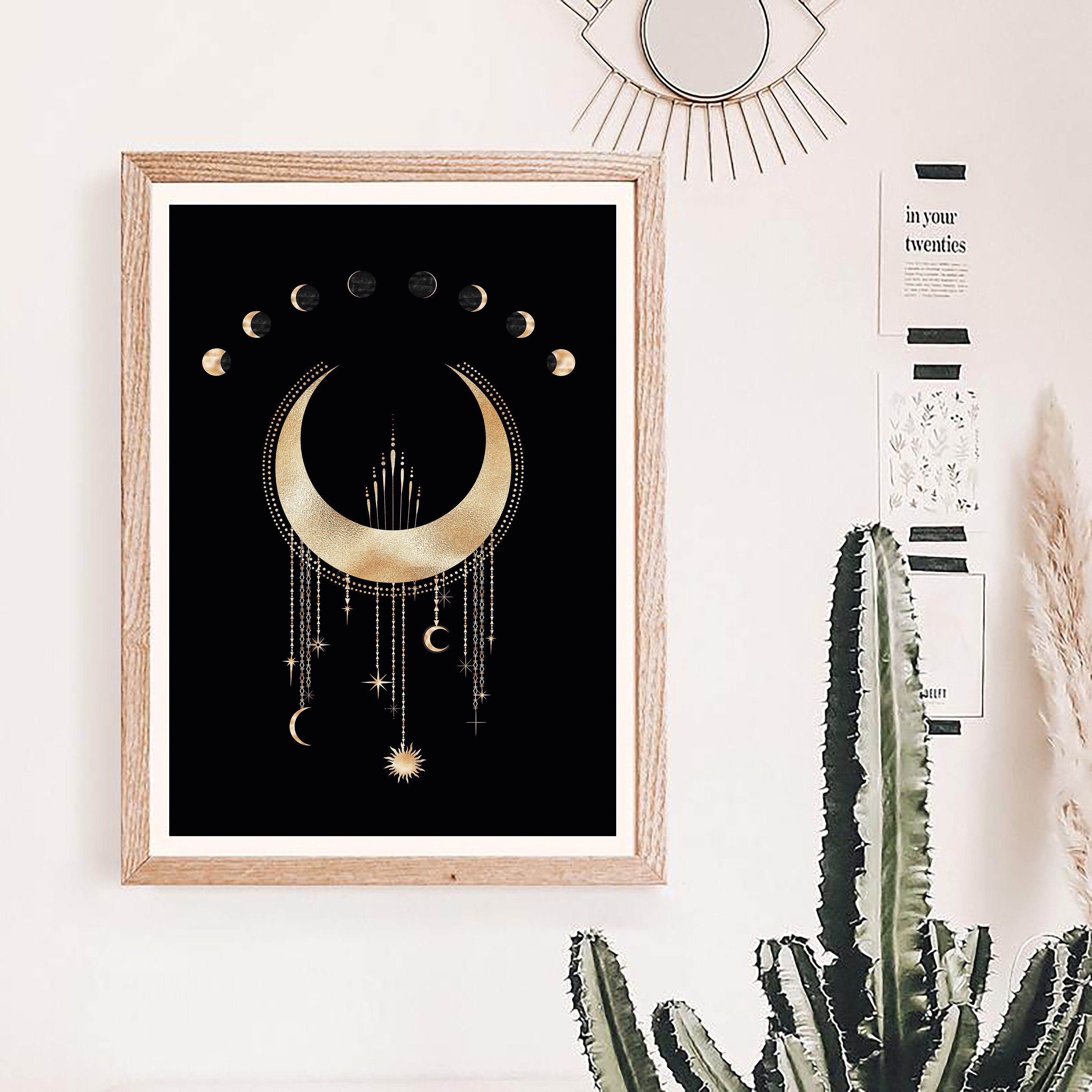 Moon Art Witchy Wall Decor Black and Gold Moon Phases | Etsy