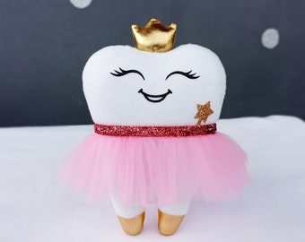 Tooth fairy pillow for girl PRINCESS, big tooth fairy pink tutu & gold crown, personalized pillow for girl, cute tooth fairy pillow