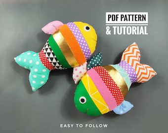 PDF Fish Plush Pattern & Tutorial,  Sewing Pattern for Soft Toy,  rainbow fish Digital Download, fabric scraps, memory toy Fish colorful