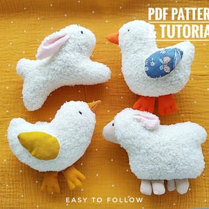 May include: Four plush stuffed animals: a bunny, a duck, a chick, and a lamb. The bunny has pink ears, the duck has an orange beak and feet, the chick has yellow wings and feet, and the lamb has pink ears and beige feet. The text "PDF PATTERN & TUTORIAL" and "EASY TO FOLLOW" are visible.