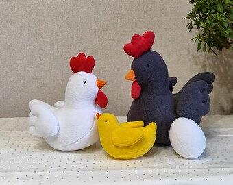 PDF ニワトリの簡単な縫製パターン、4 in 1、雄鶏のぬいぐるみ、雌鶏の