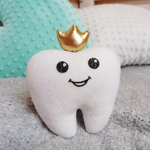 Ready to Ship Tooth fairy pillow for Girl or Boy with gold / silver crown, lost tooth pillow with pocket for the money, stuffed pillow soft