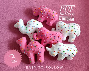 PDF-mönster Sprinkle Animal Cookies Crackers-kudde, lätt att följa sömnadsinstruktioner, noshörning, elefant, mors dag-present