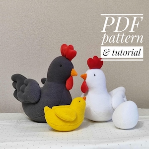 May include: A PDF pattern and tutorial for sewing a black, white, and yellow plush chicken family. The family includes a mother hen, a rooster, and a chick.