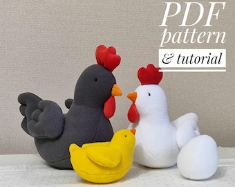 PDF Chicken easy sewing pattern, 4 in 1, Rooster plush, Hen tutorial, egg pattern, White plushie chicken, Easter fabric decor, mother&#39;s day