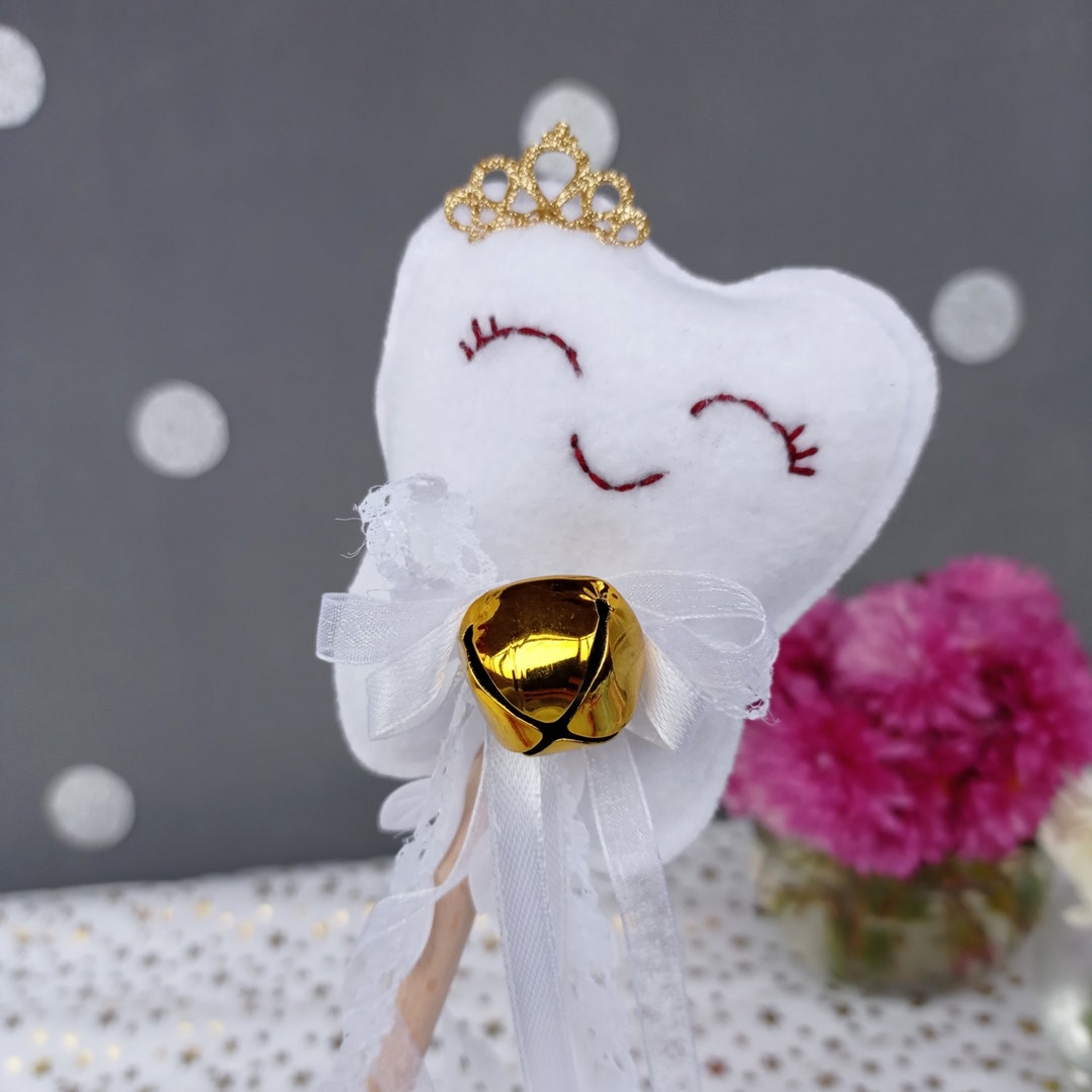 Tooth Fairy Wand: Embroidered Plush Tooth, Gold Crown & Bell - Etsy