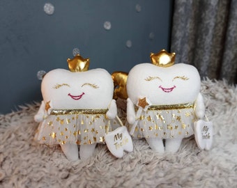 Tooth fairy pillow With wand and Crown for girl, Tooth fairy with wings, Tooth pillow with pocket & ribbon. First tooth pillow