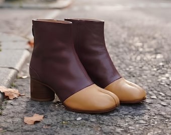 Two Tone Leather Tabi Boots for Women | Brown & Camel Split Toe Ankle Boots | Handmade Block Heel Minimalist Leather Boots