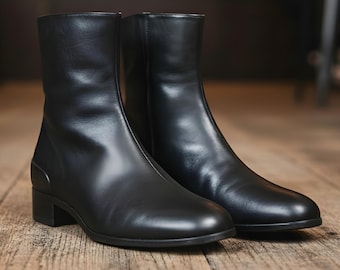 Botines largos de cuero negro hechos a mano para hombre, formales, de vestir, de boda, zapatos de tallas personalizadas