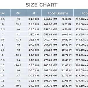 May include: Size chart for shoes, showing US, UK, EU, and Japanese sizes, along with corresponding foot length and foot girth measurements in inches and millimeters.
