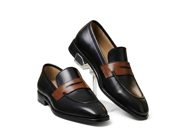 Handmade Men's Black Leather Loafers with Tan Strap, Smart Casual Slip-On Luxury Dress Shoes, Premium Leather Footwear, Gift for Him