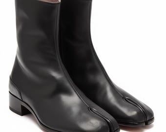 Botas Tabi de cuero negro hechas a mano, zapatos de tobillo con puntera dividida