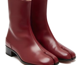 Handmade Red Leather Tabi Boots, Split Toe Ankle Shoes