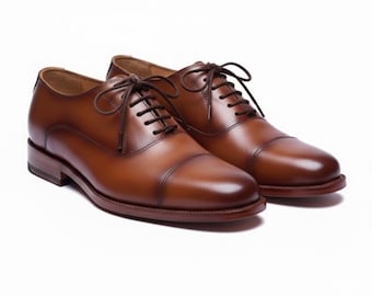 Handmade Patina Leather Oxford Dress Shoes: Men's Cap-Toe Lace-Up Formal Shoes