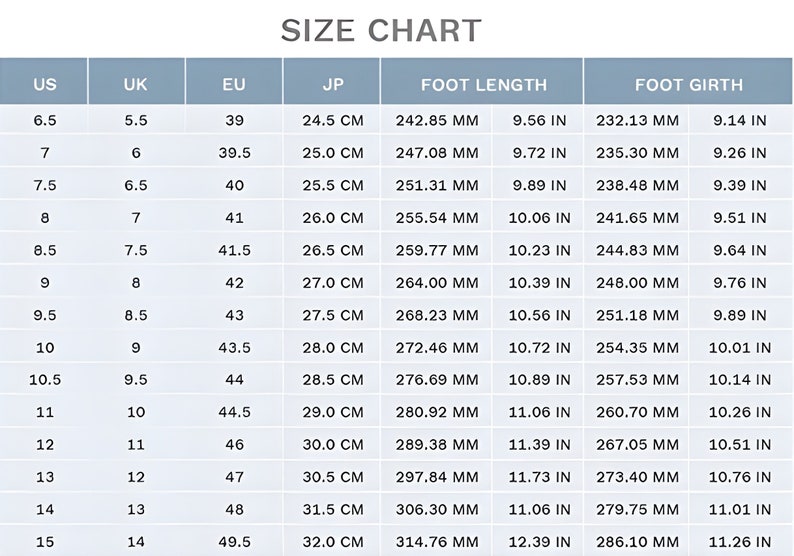 May include: A size chart table with a light blue header titled SIZE CHART. Columns include US, UK, EU, and JP shoe sizes, alongside foot length and foot girth measurements in both millimeters and inches, ranging from US size 6.5 to 15.