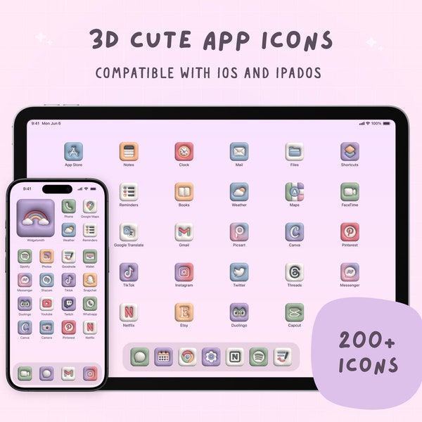 Cute Pastel App Icons for iPhone and iPad with Puffy 3D effect, Home Screen set with Widgets, Wallpapers included and Custom Icon Requests