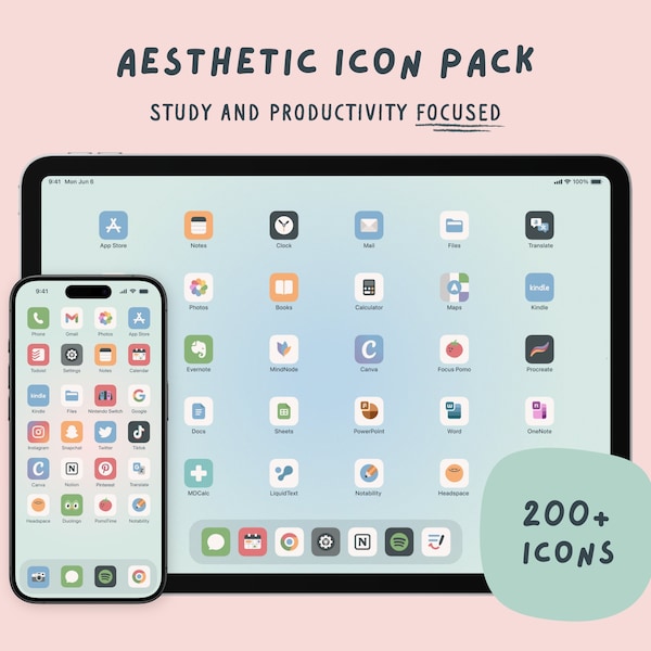 Jolies icônes d'application pastel pour iOS et iPadOS, pack d'icônes esthétiques pour étudier, travailler et travailler avec des papiers peints et des demandes d'icônes personnalisées gratuites