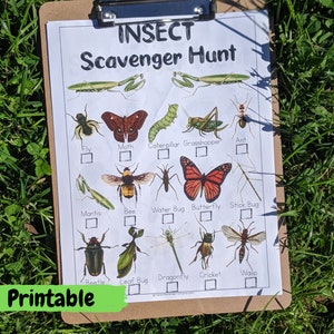 Puede incluir: Una lista de verificación de búsqueda de insectos imprimible con ilustraciones de varios insectos, incluyendo una mariposa, una abeja, un saltamontes y una hormiga. La lista de verificación tiene casillas para marcar cada insecto encontrado.