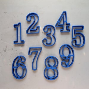 May include: A collection of nine blue number-shaped cookie cutters, ranging from one to nine. The numbers are in a simple, sans-serif font, and each cutter is a single, continuous line. The cutters are arranged on a white surface.
