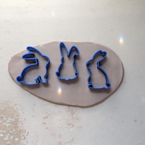 May include: Three blue plastic bunny-shaped cookie cutters on a light brown oval of clay. The cutters are in different poses, with one facing left, one straight on, and one facing right. The background is a light, textured surface.