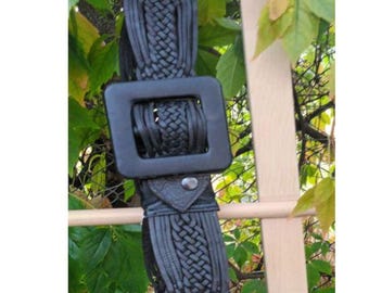 Y2K Wide Leather Woven Hip Belt W/ Fringe, Black, Handmade in NYC, NEW Y2K Bohemian Wide Leather Woven Hip Belt W/ Fringe in Black  main image 2