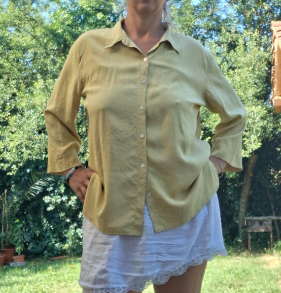 Vintage  Silk Blouse Mustard Gold Button Down shirt
