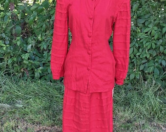 Vintage Peaux Sur Peau Red Skirt Suit | 80s Belgian Designer Pintuck Pleated Set