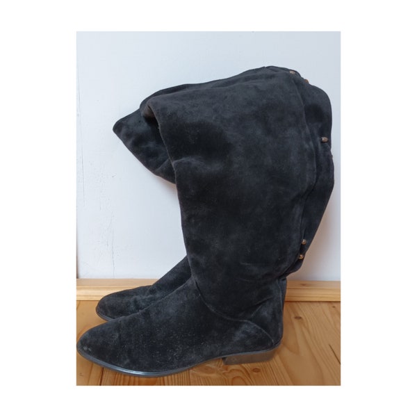 Vintage black knee high boots suede flat boots 90s pointed toe knee high boots eu39 uk6 us8