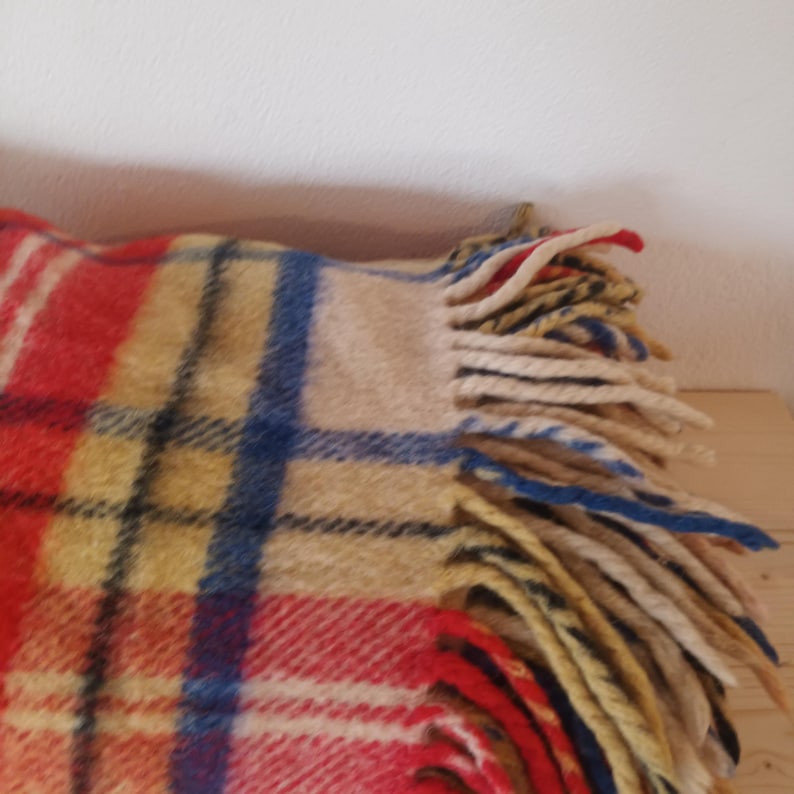 May include: A close-up of a colorful plaid blanket. The blanket features a red, blue, and yellow plaid pattern. The blanket has a fringe edge with red and yellow threads.