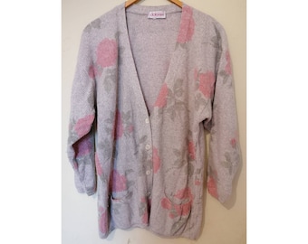 Vintage womens floral sweater cardigan wool blend oversized mohair sweater M