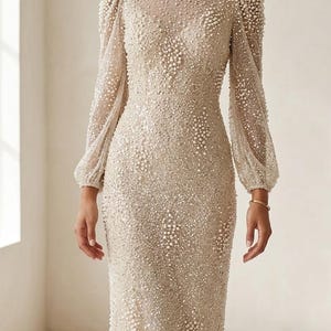 May include: A long, champagne-colored gown with long sleeves and a round neckline. The dress is covered in small, pearl-like embellishments. The sleeves have a slight puff at the shoulders. A gold bracelet is visible on the wrist.